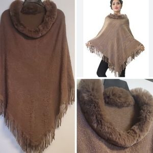 Faux Fur Collared Brown Fringe Poncho Cape